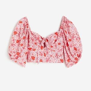 Linen Blend Floral Tie-detail Cropped Top, Size Small
